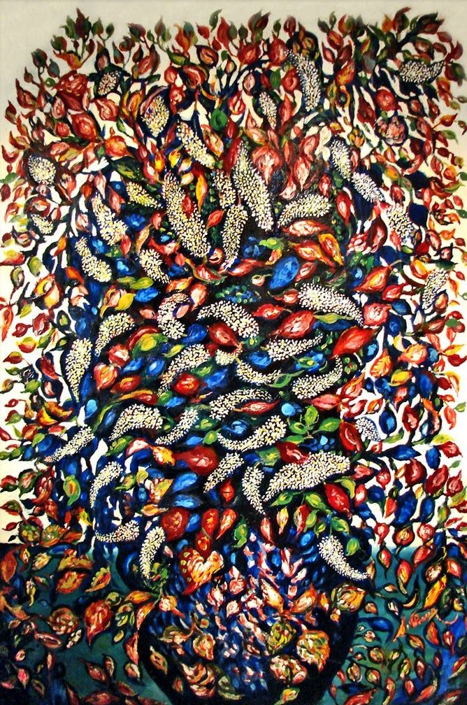 Grand Bouquet au vase noir et fond bleu